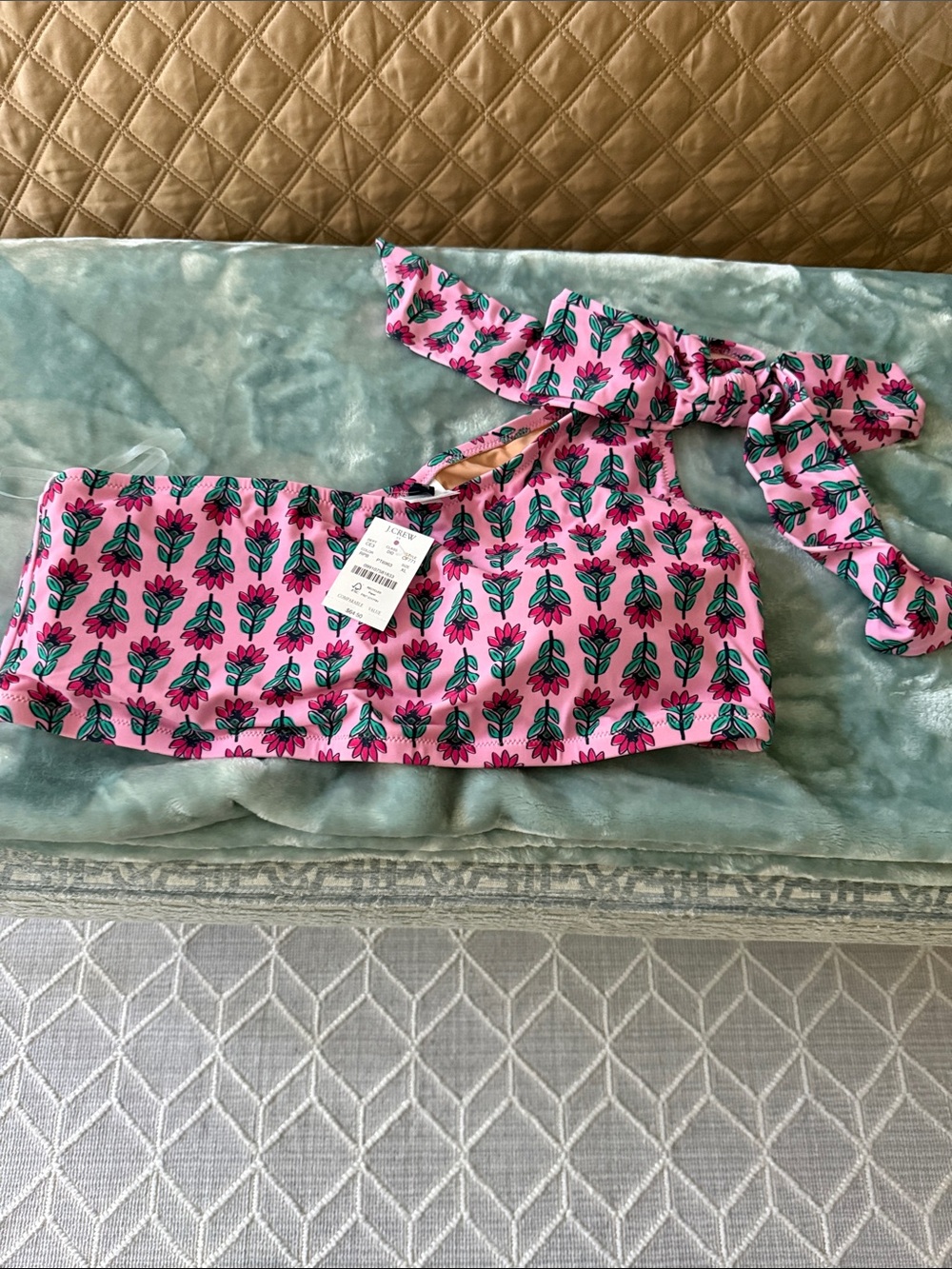 J. Crew Pink Floral One-Shoulder Bikini Top